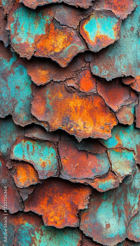 Close-up of weathered, peeling paint in vibrant orange and turquoise hues. Close-up of weathered, peeling paint in vibrant orange and turquoise hues.