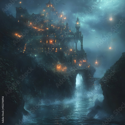 Mysterious castle emerges from fog enchanted coastal landscape digital art fantasy environment nighttime viewpoint magical vibes photo