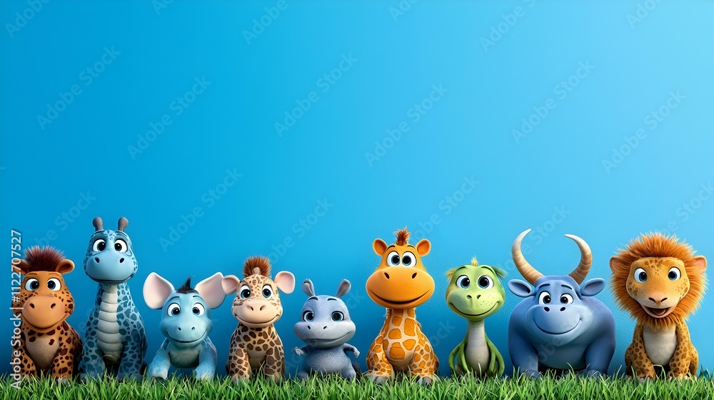 Naklejka premium Cartoon Animal Parade, a vibrant lineup of whimsical animals showcasing their unique personalities in a cheerful and colorful setting.