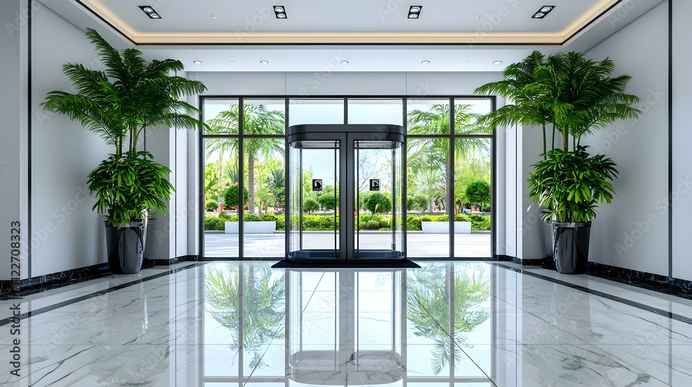 Fototapeta premium Chic Accessible Entryway, featuring a sleek design, automatic doors, welcoming ambiance, and functional layout for easy access.