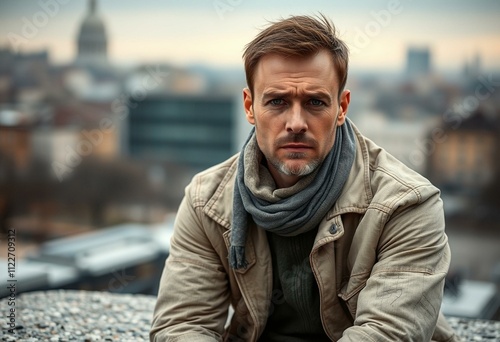 A portrait of a disappointed man sitting on a stone wall