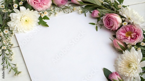 A stunning floral border encircles a crisp white sheet of paper, elegant look, artistic touch, natural beauty photo