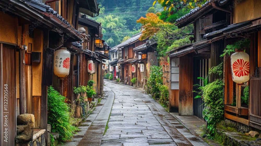 A narrow alley in a traditional Japanese town, A narrow alley in a traditional Japanese town,