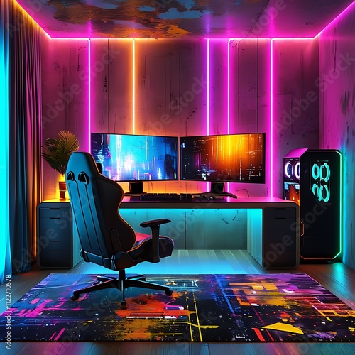 Immersive Gaming Setup Neon Lights Interactive Gaming Gear photo