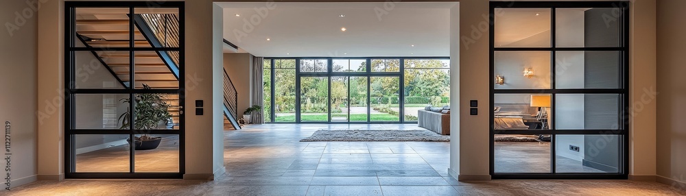 Fototapeta premium Modern Open Space with Glass Doors and View of Greenery