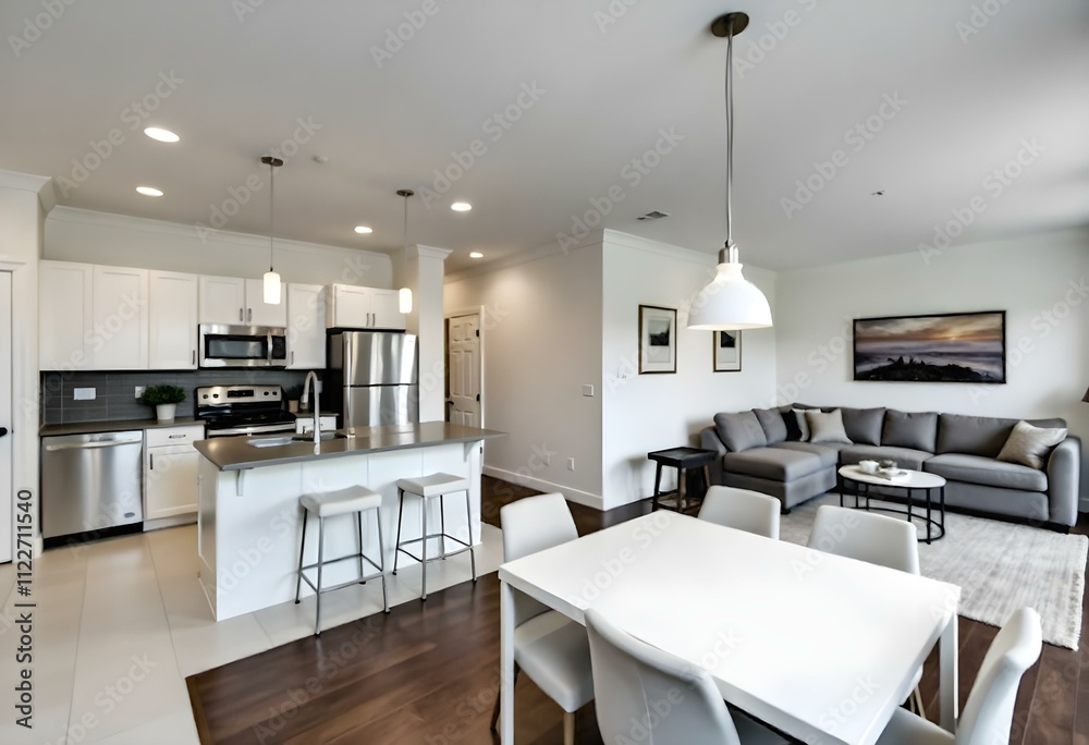 Fototapeta premium A modern and spacious open-concept living room and kitchen area. The room features white cabinets, stainless steel appliances, a large island with bar stools , and a cozy living room area with a grey.