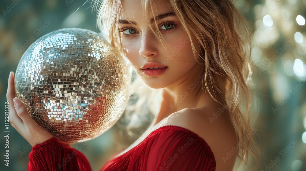 Naklejka premium woman holding a glass disco ball