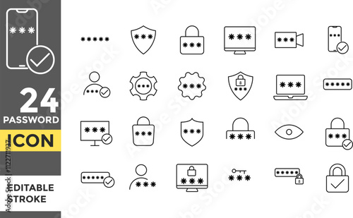 Password Editable line stroke icon set.  Cyber security icon sign. digital system data tech safety symbol. computer access lock sign. data and network protection icons
