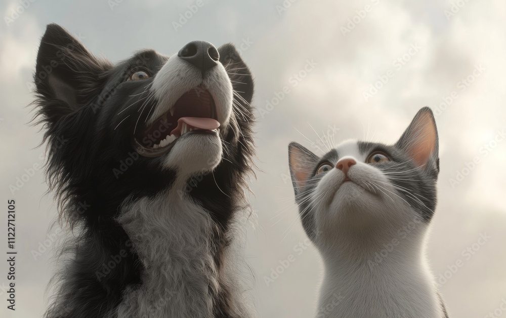 Obraz premium A dog and a cat are standing next to each other, looking at the camera