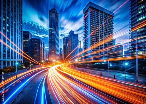Abstract Blue and Orange Light Trails Symbolizing Technology and Information Transfer in a Dynamic Digital Landscape for Urban Exploration Photography