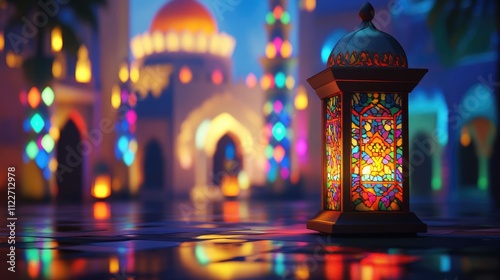 A night in Ramadan. A colorful mosque and a lantern with a glowing evening light. 3d illustration photo