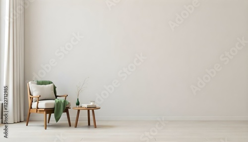 A minimalist living room with a white wall, a wooden chair, and a green vase on a wooden table.