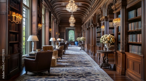 An elegant library corridor with wooden paneling, chandeliers, and plush seating, creating a luxurious and inviting atmosphere.