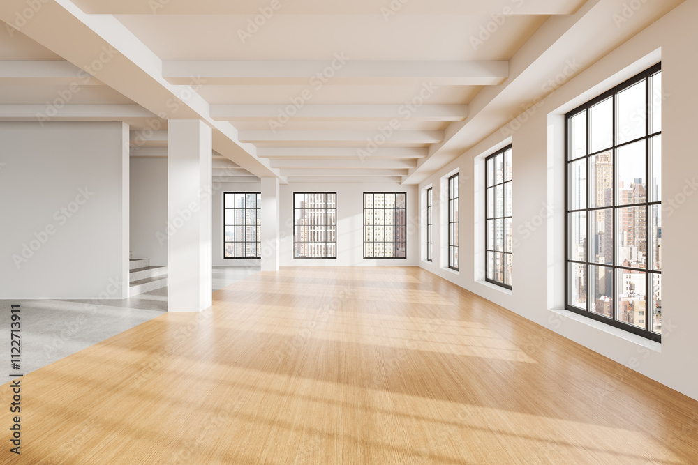 Fototapeta premium Modern empty loft space with large windows and wooden flooring. 3D Rendering