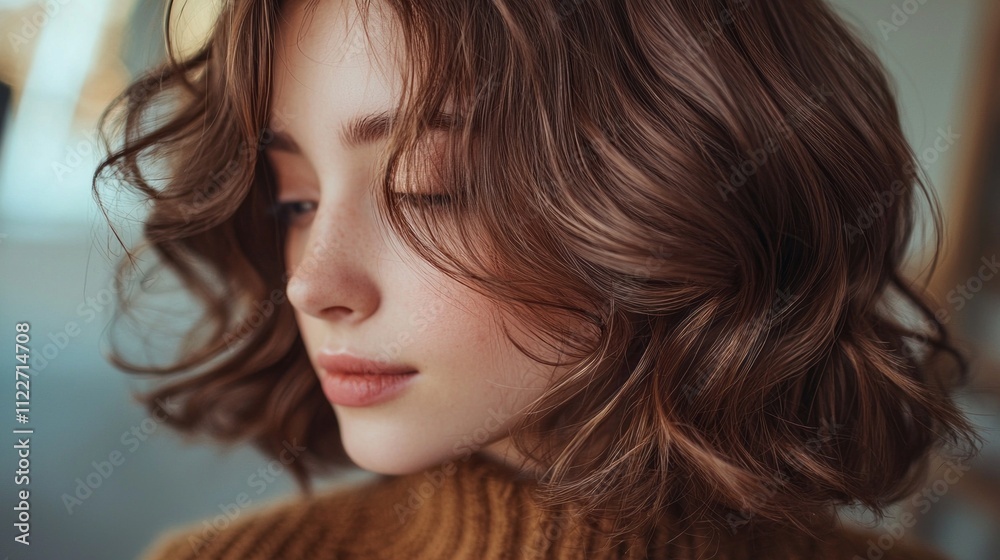 Naklejka premium Close-up view features a young woman showcasing trendy mocha hair colors in a relaxing environment, emphasizing her chic style and gentle features