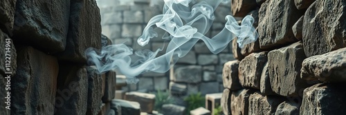 Cigarette smoke wafts between ancient stones, isolated landscape, embers