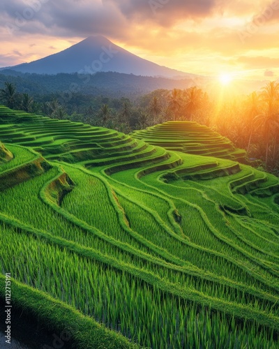 Lush green rice terraces with a mountain backdrop at sunset.