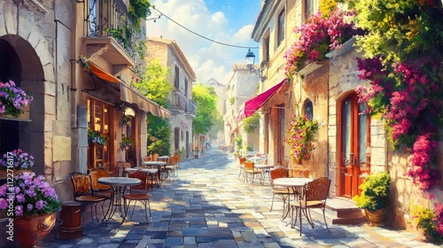 a painting of a street with tables and chairs on the side of the street and a building with flowers on the side of the street.