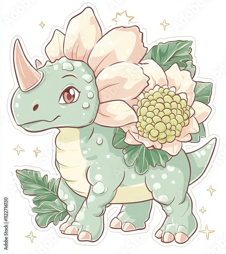 Cute dinosaur character with flowers and leaves in a whimsical design photo