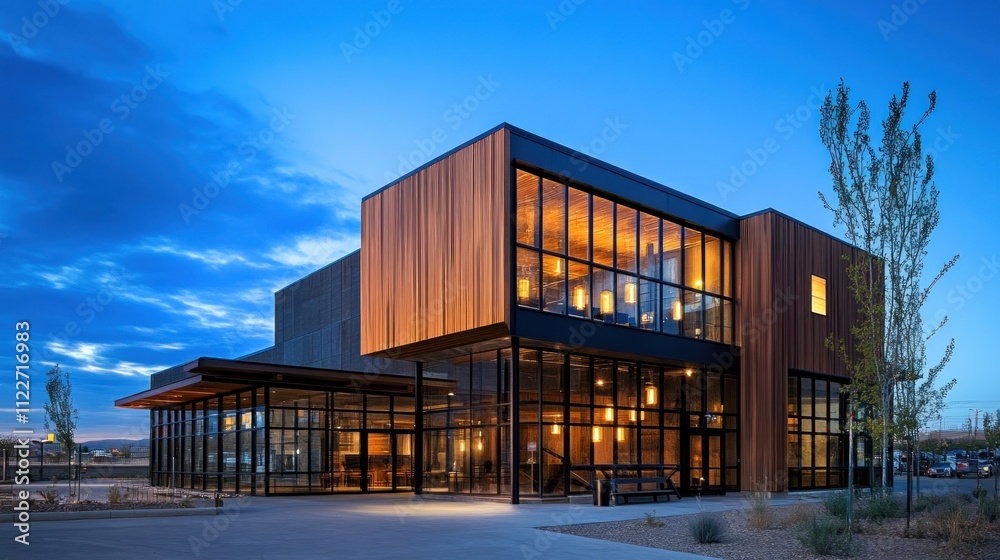 Obraz premium Modern wood and glass building at dusk.
