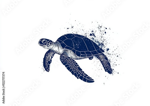 Colorful sea turtle swimming gracefully in ocean water with splashes around it at sunset