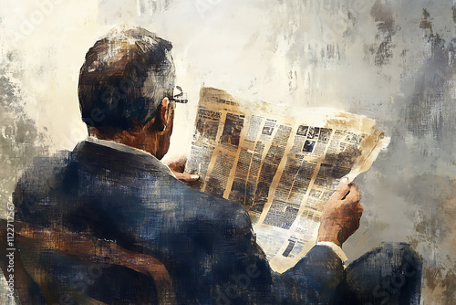 A man seated, reading a newspaper, immersed in thought against a textured background.