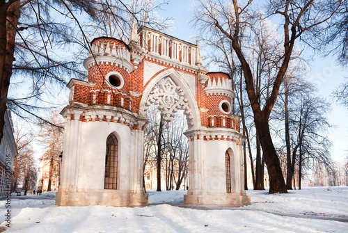 Figured (Grape) gates in the palace and park ensemble Tsaritsyno in winter. Moscow, Russia photo