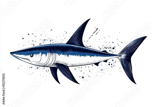 Realistic illustration of a blue shark swimming in the ocean with splashes of water around it photo