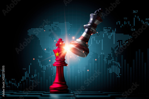 Photography USA king chess fighting by kick to China king chess with stock market graph chart for trade barrier war and military war between united stated of America and China concept