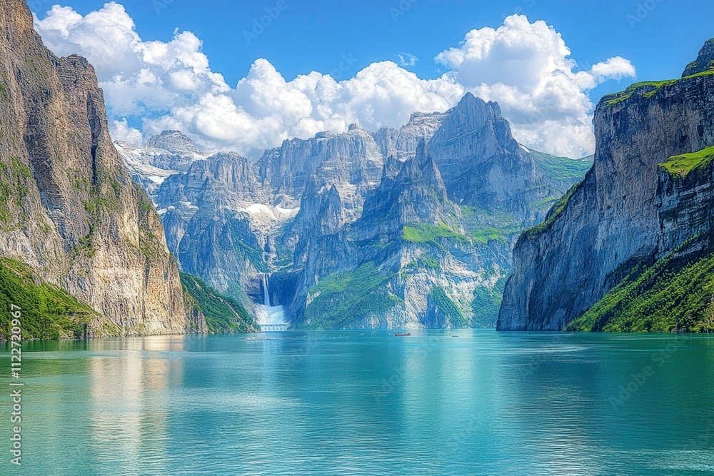 Obraz premium Serene Mountain Lake with Dramatic Clouds and Waterfall