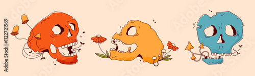 Color doodle groovy sculls. Punk kawaii pretty flowers leaves.