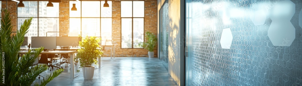 Fototapeta premium Bright Modern Office Interior with Large Windows and Green Plants
