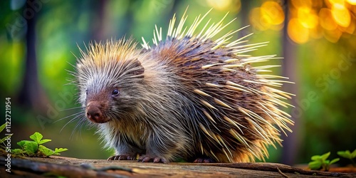 A Close-Up of a New World Porcupine Displaying Its Quills in Defense Against a Softly Blurred Forest Background, Showcasing Nature's Intricate Defense Mechanisms and Wildlife Beauty photo