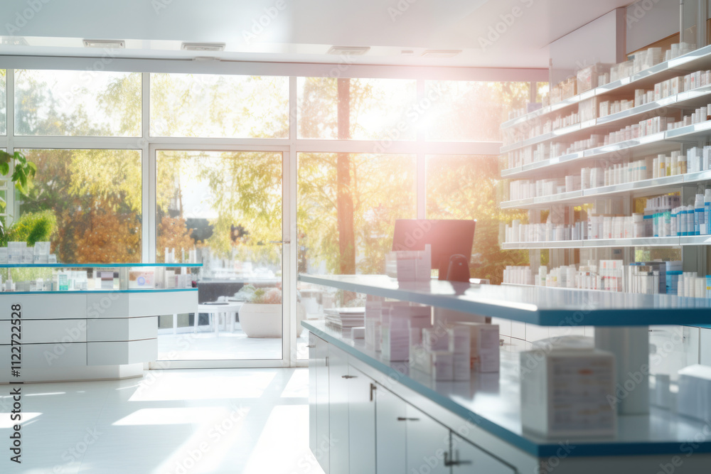In a well-lit pharmacy, shelves are lined with various medication containers. A clean countertop displays additional products, creating a welcoming and organized environment. In a well-lit pharmacy, shelves are lined with various medication containers. A clean countertop displays additional products, creating a welcoming and organized environment.
