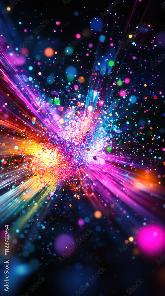 Obraz premium Colorful abstract representation of vibrant elements radiating light and energy, creating dynamic visual experience filled with bright dots and streaks