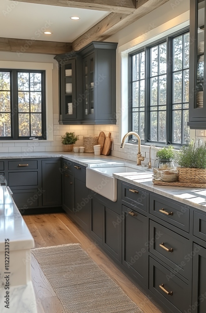 Farmhouse kitchen with dark cabinets, white sink, and natural light. Farmhouse kitchen with dark cabinets, white sink, and natural light.