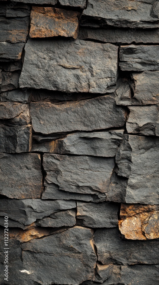 Fototapeta premium A textured wall made of dark, layered stones featuring various sizes and colors.