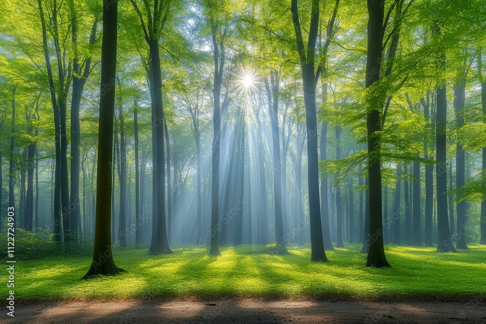 Obraz premium Serene Sunlit Forest with Green Leaves and Soft Light
