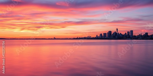 Dusk sky with vibrant orange and pink colors reflecting off calm lake surface, Montreal skyline visible in the distance, silhouette, sky