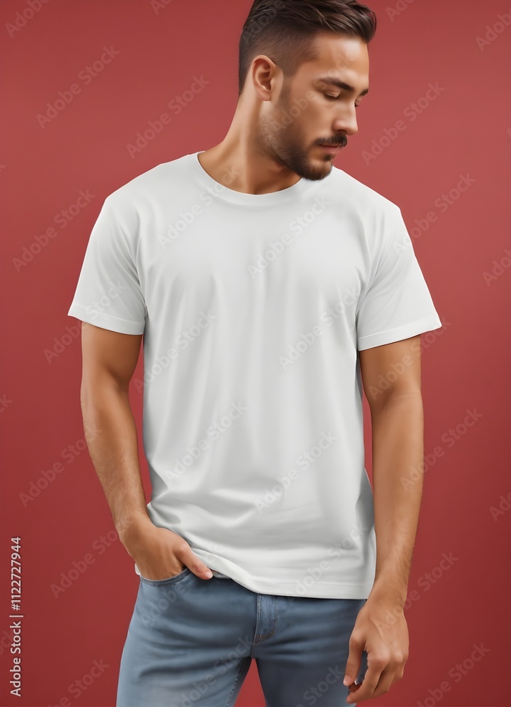 Obraz premium Male model wearing a white t shirt copy space mockup