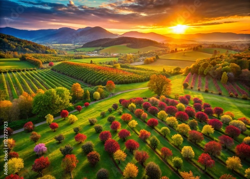 Aerial View of Apple Orchard Fields in Mountainous Landscape at Sunset, Showcasing Agricultural Patterns and Natural Beauty with Vibrant Colors and Textures photo