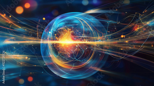 Abstract concept of layered analysis curve paths data. Noise sphere with color curves, blurred lines and lens effects. Banner for business and science design. Big data. Quantum computing.