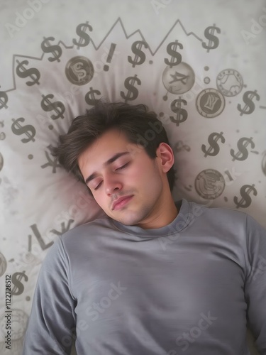 Digital graphic of a person sleeping while dollar signs, coins, and charts appear around them, symbolizing earning money passively photo