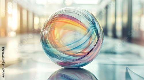 Abstract concept of layered analysis curve paths data. Noise sphere with color curves, blurred lines and lens effects. Big data.  Banner for business and science design. Quantum computing.