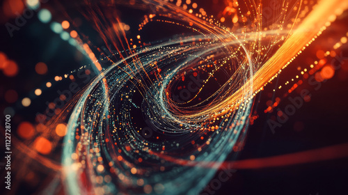 Abstract concept of layered analysis curve paths data. Noise sphere with color curves, blurred lines and lens effects. Banner for business and science design. Big data.