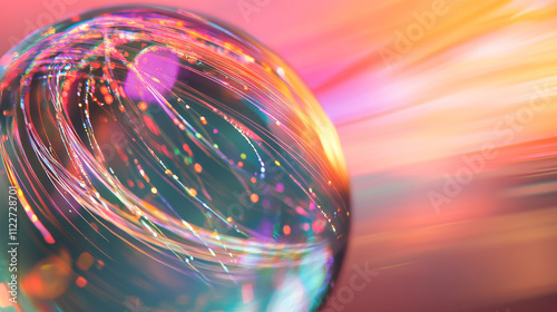 Abstract concept of layered analysis curve paths data. Noise sphere with color curves, blurred lines and lens effects. Banner for business and science design. Big data.