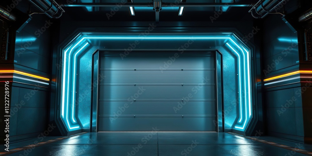 Obraz premium Futuristic garage entrance with neon-lit accents and metallic finish, modern machinery, glowing details, car lift