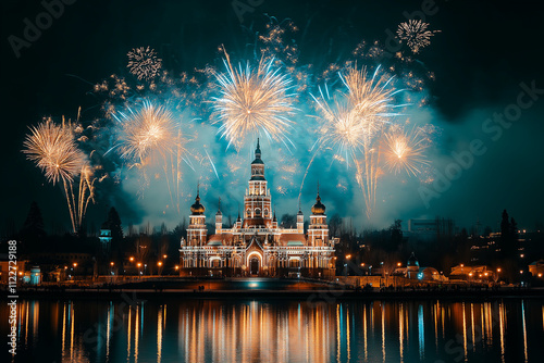 Crowd Gathered in Front of Illuminated Clock Tower Building During Colorful Fireworks Display