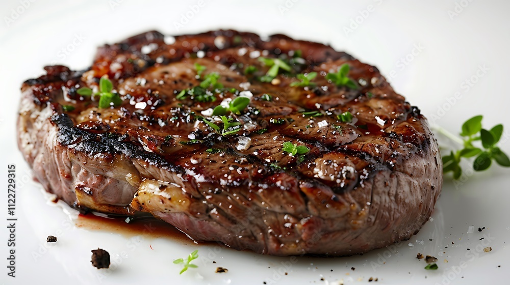 A perfectly cooked medium-rare ribeye steak on a white surface. A perfectly cooked medium-rare ribeye steak on a white surface.