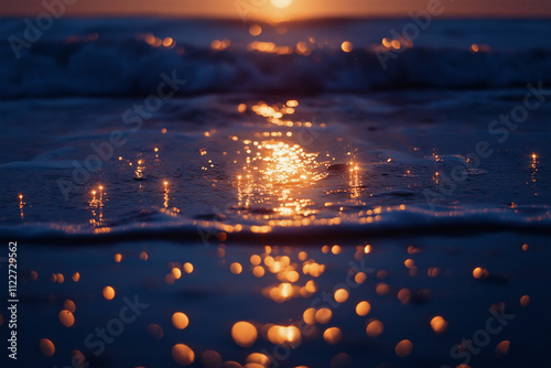 Serene Sunset Over the Ocean with Sparkling Reflections on Waves and Wet Sand Creating a Warm Golden Glow